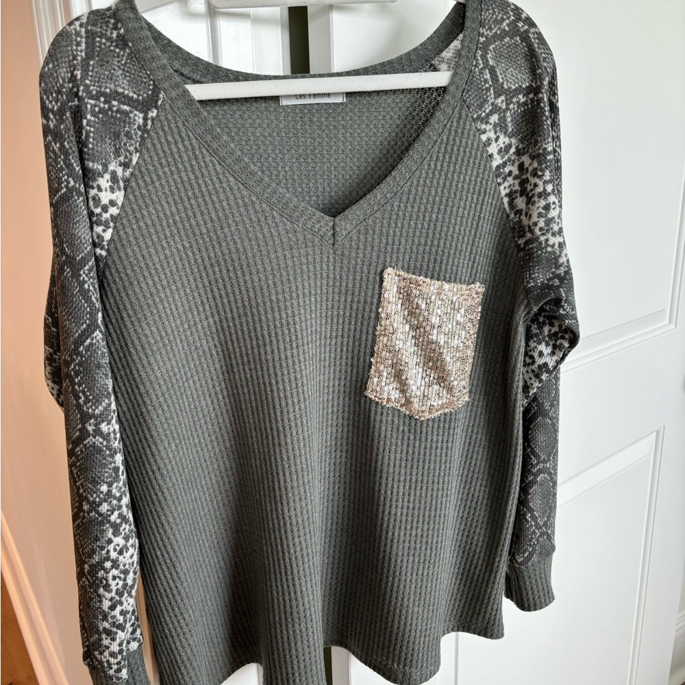 Large waffle knit, raglan sleeve, with a little bling and snakeskin print